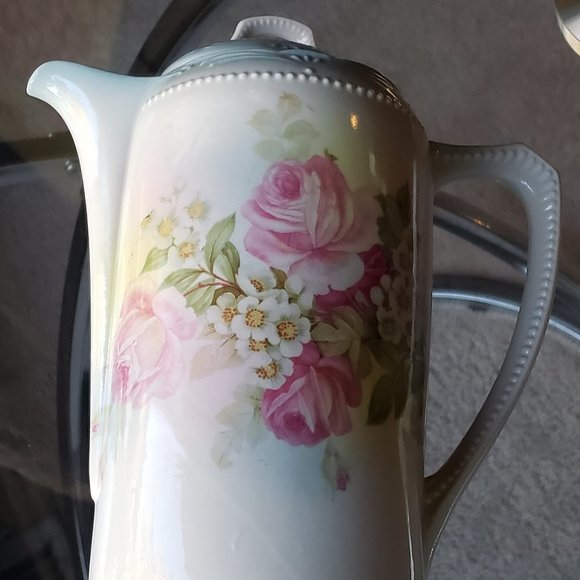 ANTIQUE GERMAN PORCELAIN CERAMIC PINK ROSES CHOCOLATE COFFEE TEA POT - Picture 10 of 14